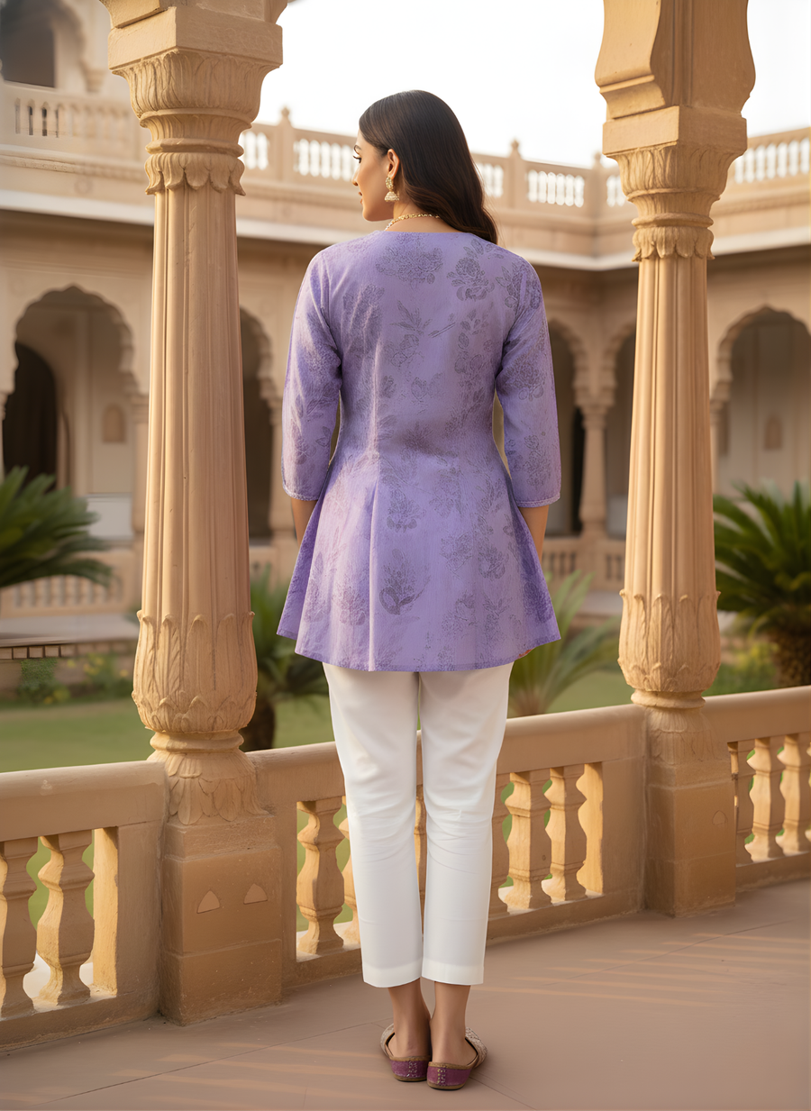 Aaronee Mauve Pure Cotton Printed Short Kurti Top for Women | Soft Everyday Wear