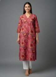 Aaronee Pure Cotton Red Floral Straight Kurta Front View