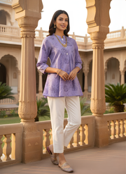 Aaronee Mauve Pure Cotton Printed Short Kurti Top for Women | Soft Everyday Wear