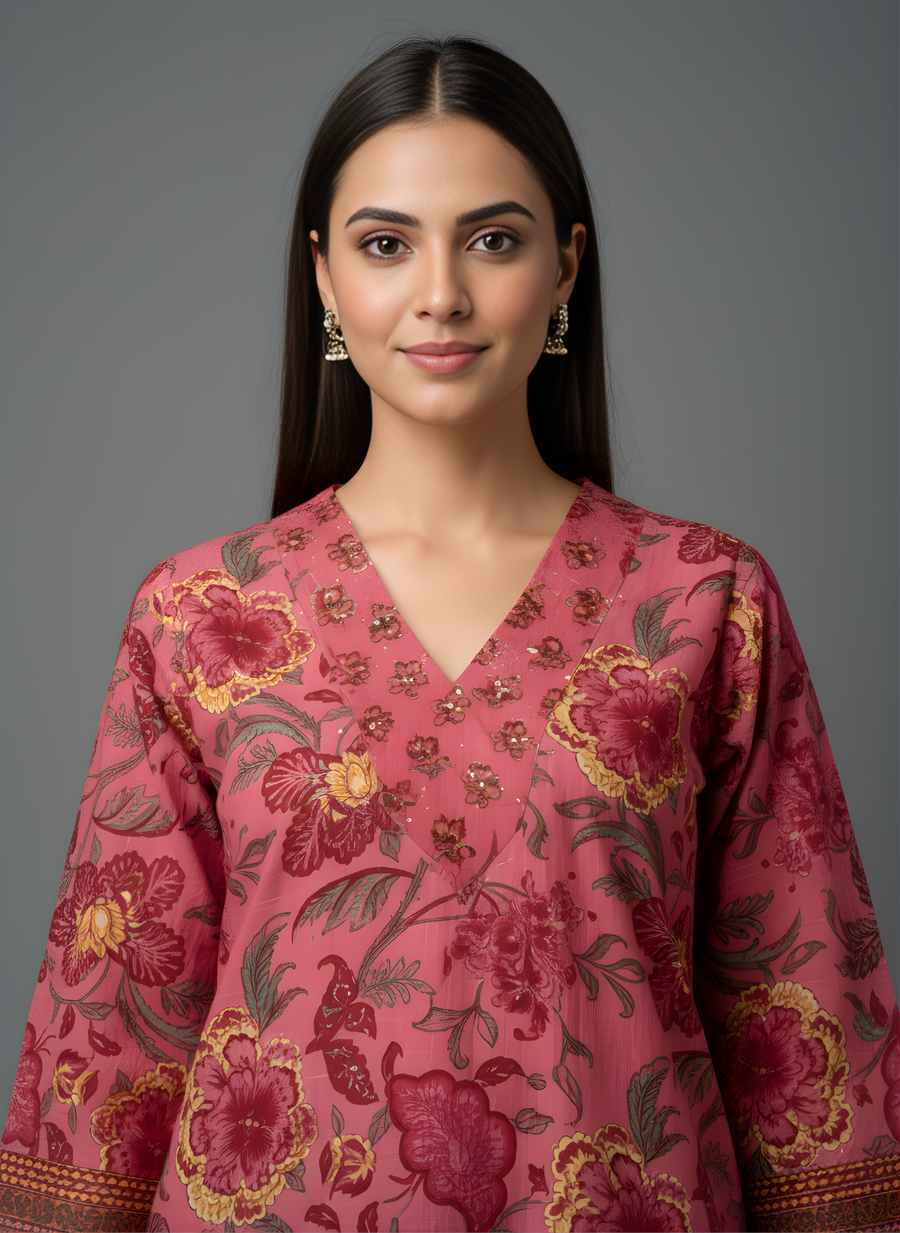 Red Floral Print Cotton Kurta for Women by Aaronee