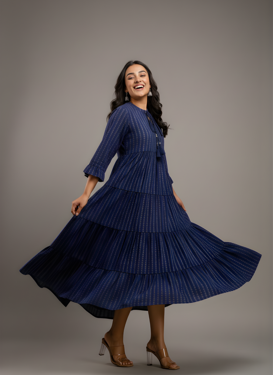 Aaronee Navy Blue Pure Cotton Tiered Long Kurti