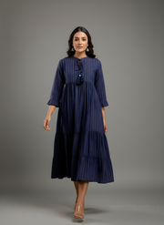 Aaronee Tiered Flared Navy Blue Cotton Kurta