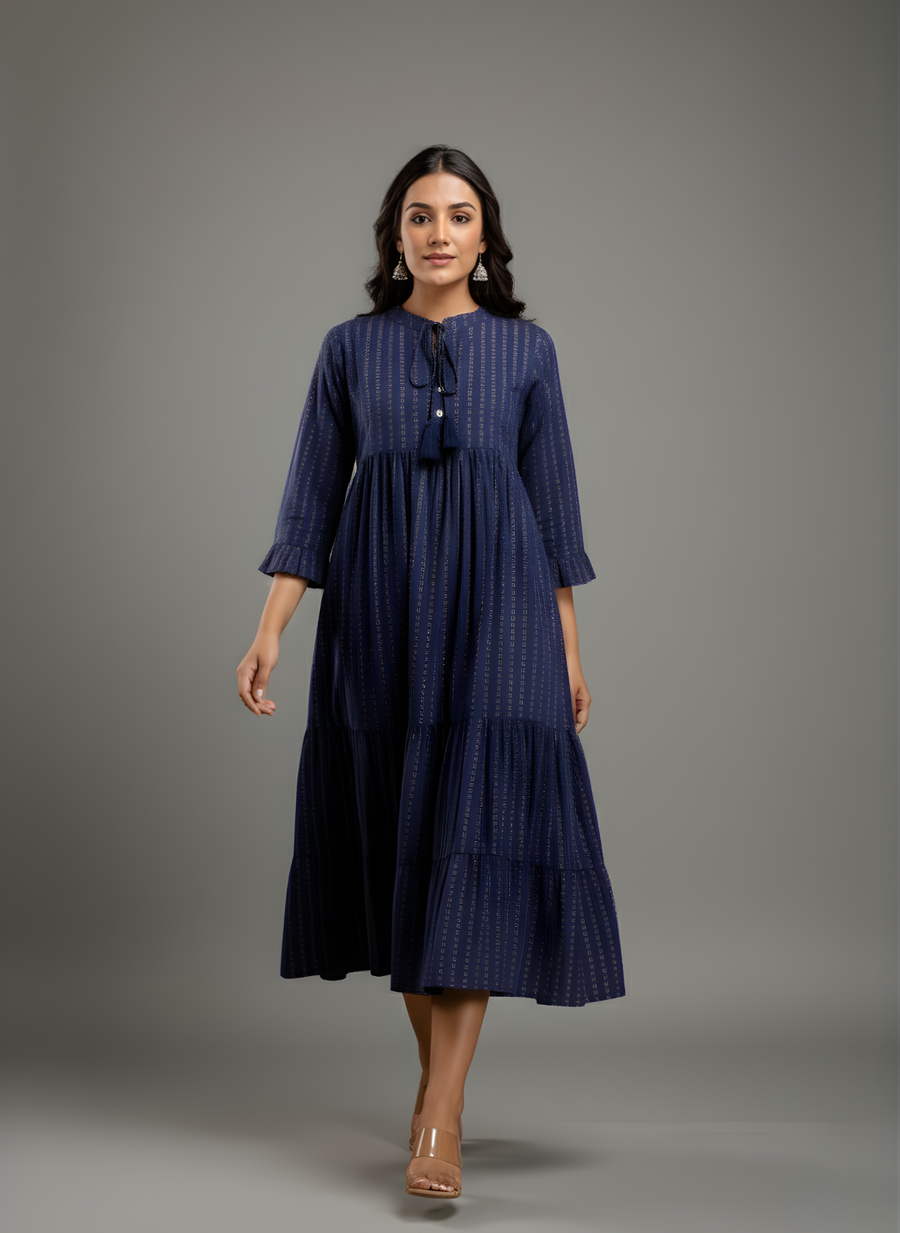 Aaronee Tiered Flared Navy Blue Cotton Kurta