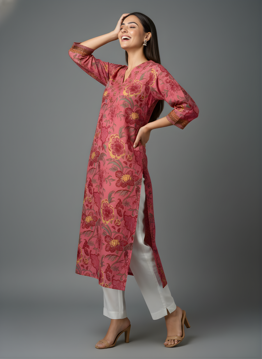 Pure Cotton Red Kurta with Jaipuri Print – Aaronee