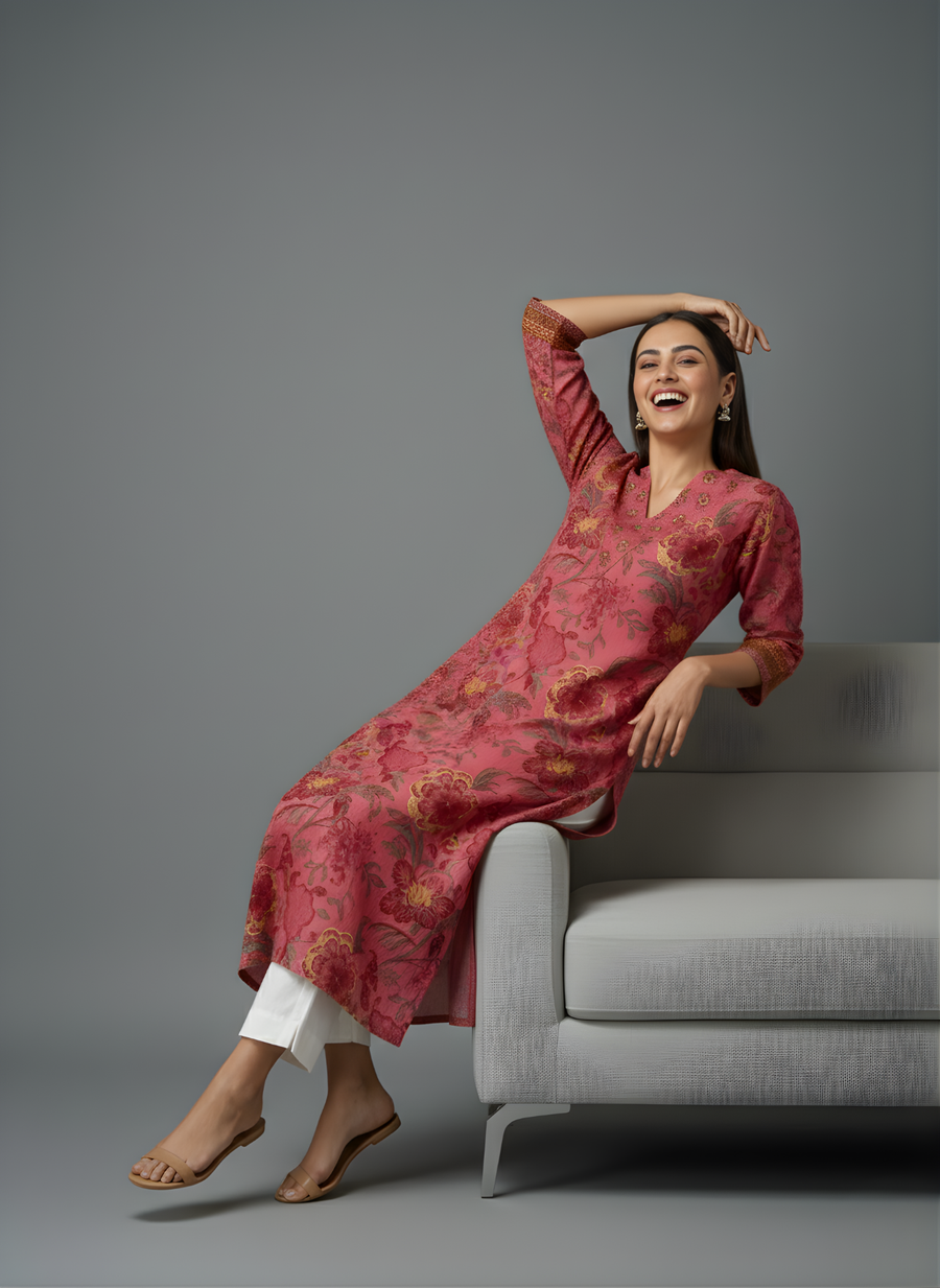 Aaronee Floral Print Straight Kurta in Red