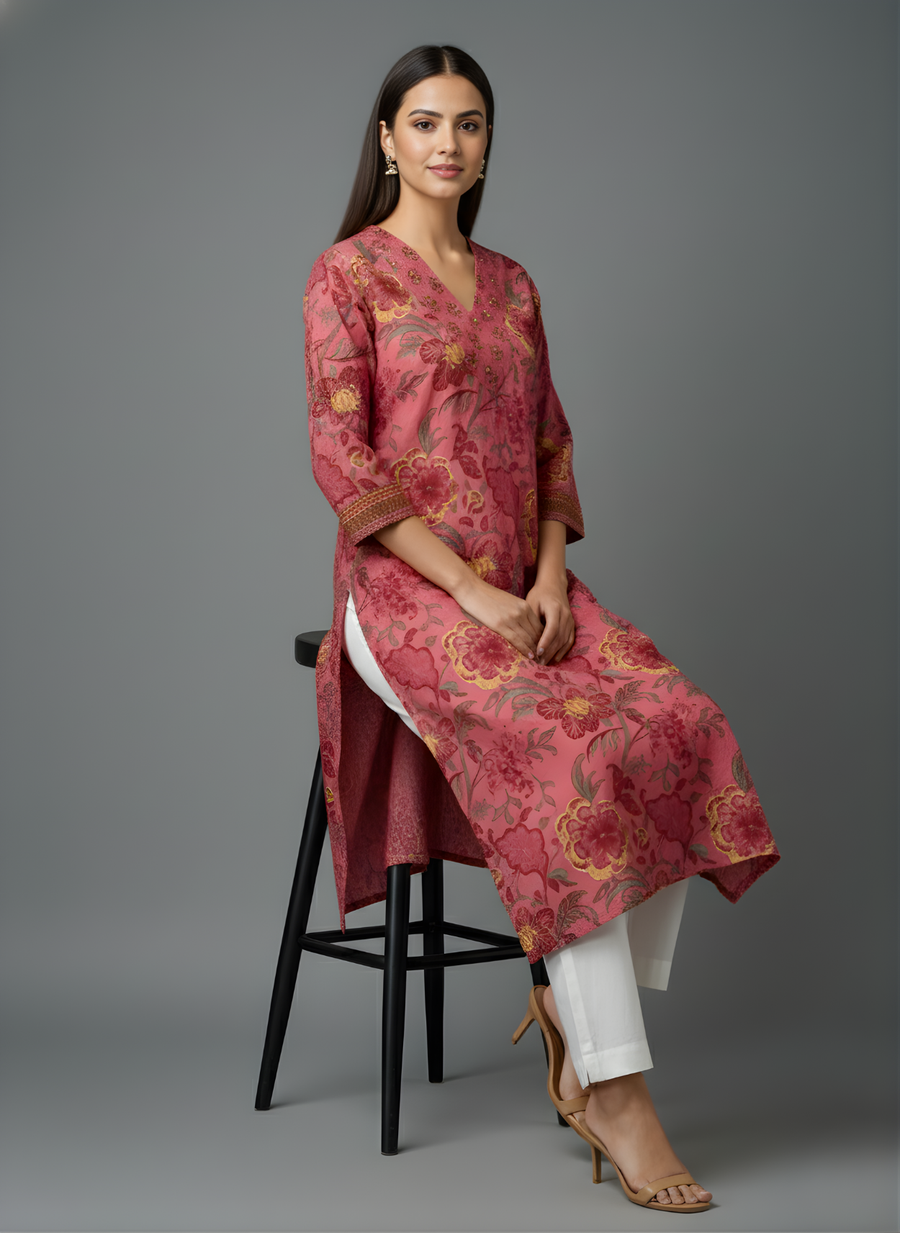 Women’s Red Ethnic Cotton Kurta – Aaronee Collection