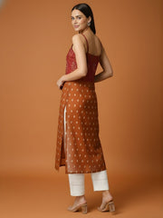 Aaronee Rust Brown Printed Pure Mul Cotton Kurti with Lining