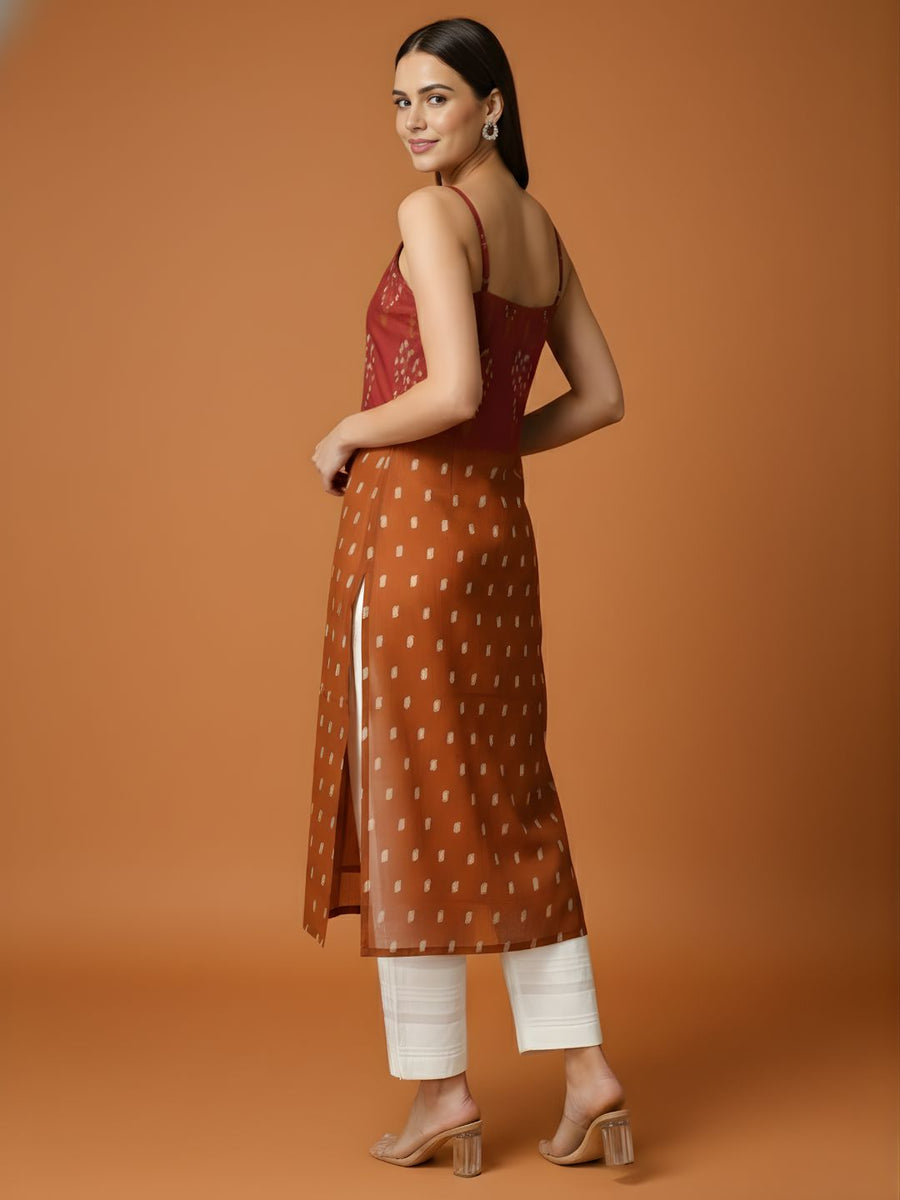 Aaronee Rust Brown Printed Pure Mul Cotton Kurti with Lining