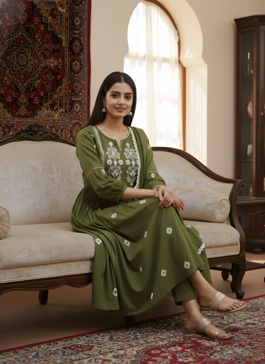 Olive Green Pure Cotton Kurta Dupatta Set with Yoke Embroidery – Elegant Ethnic Wear for Women