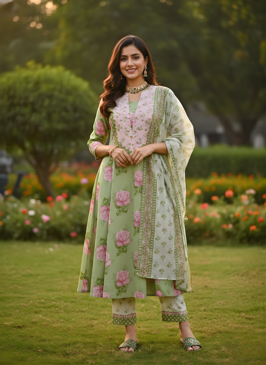 Pastel Green Floral Print Pure Cotton Kurta Set with Dupatta – Elegant Ethnic Wear by Aaronee