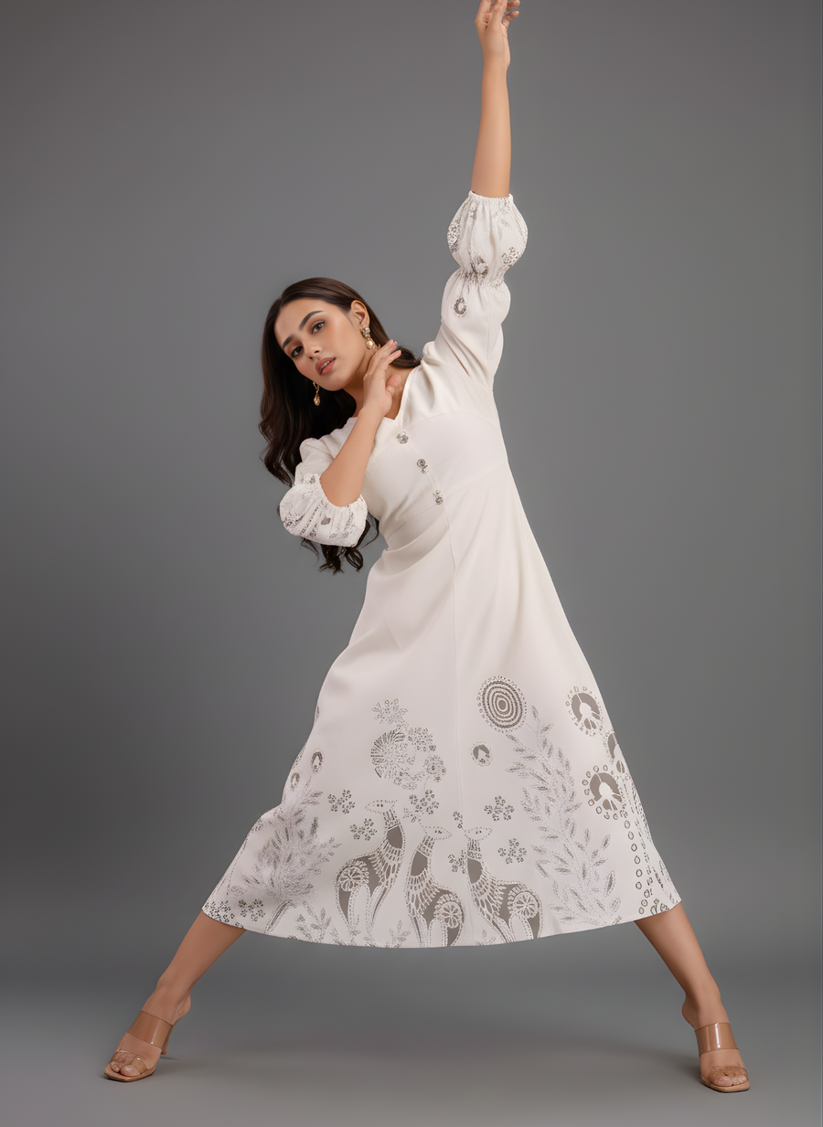 Elegant Grey Cotton Midi Dress with Peach Animal Print – Aaronee