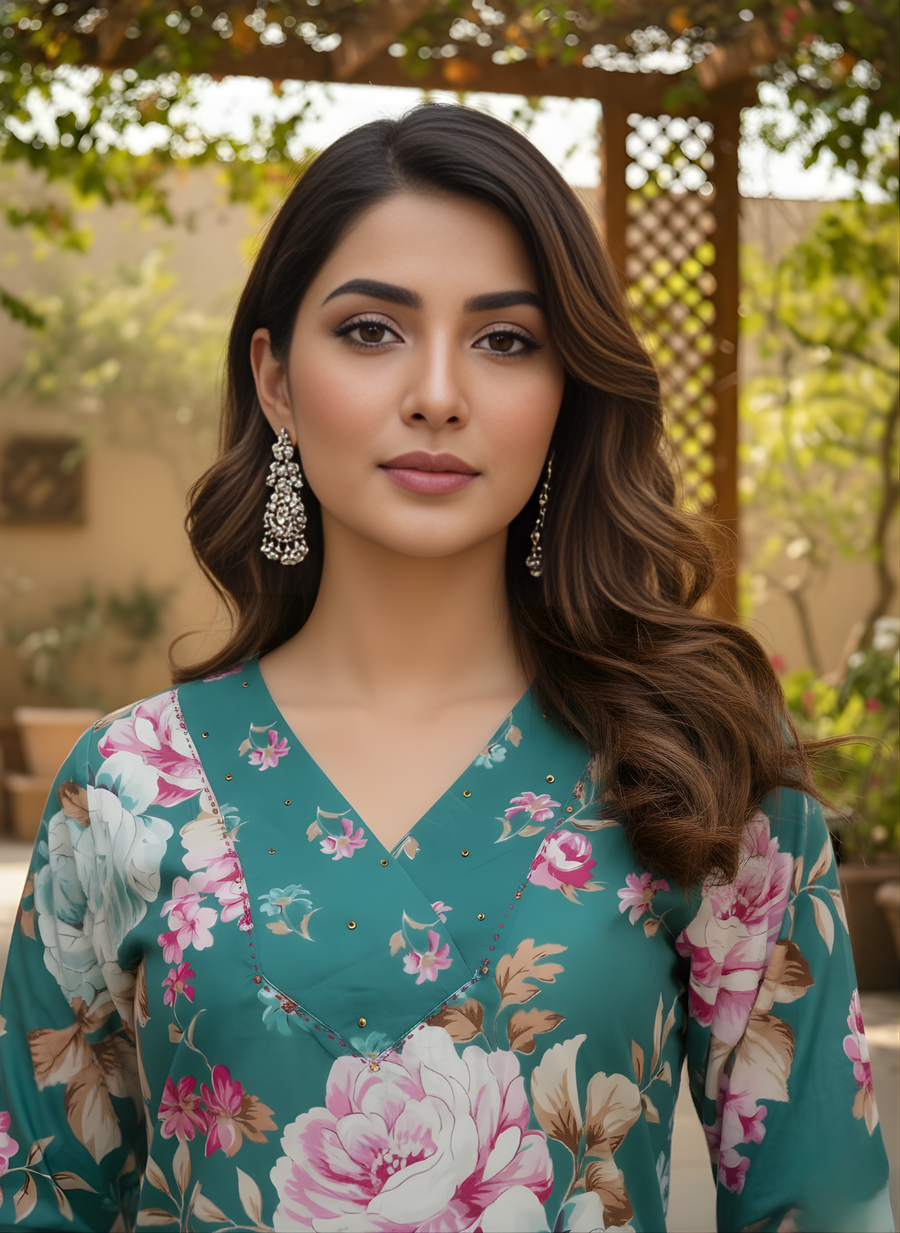Woman wearing a floral dress with a blurred outdoor background