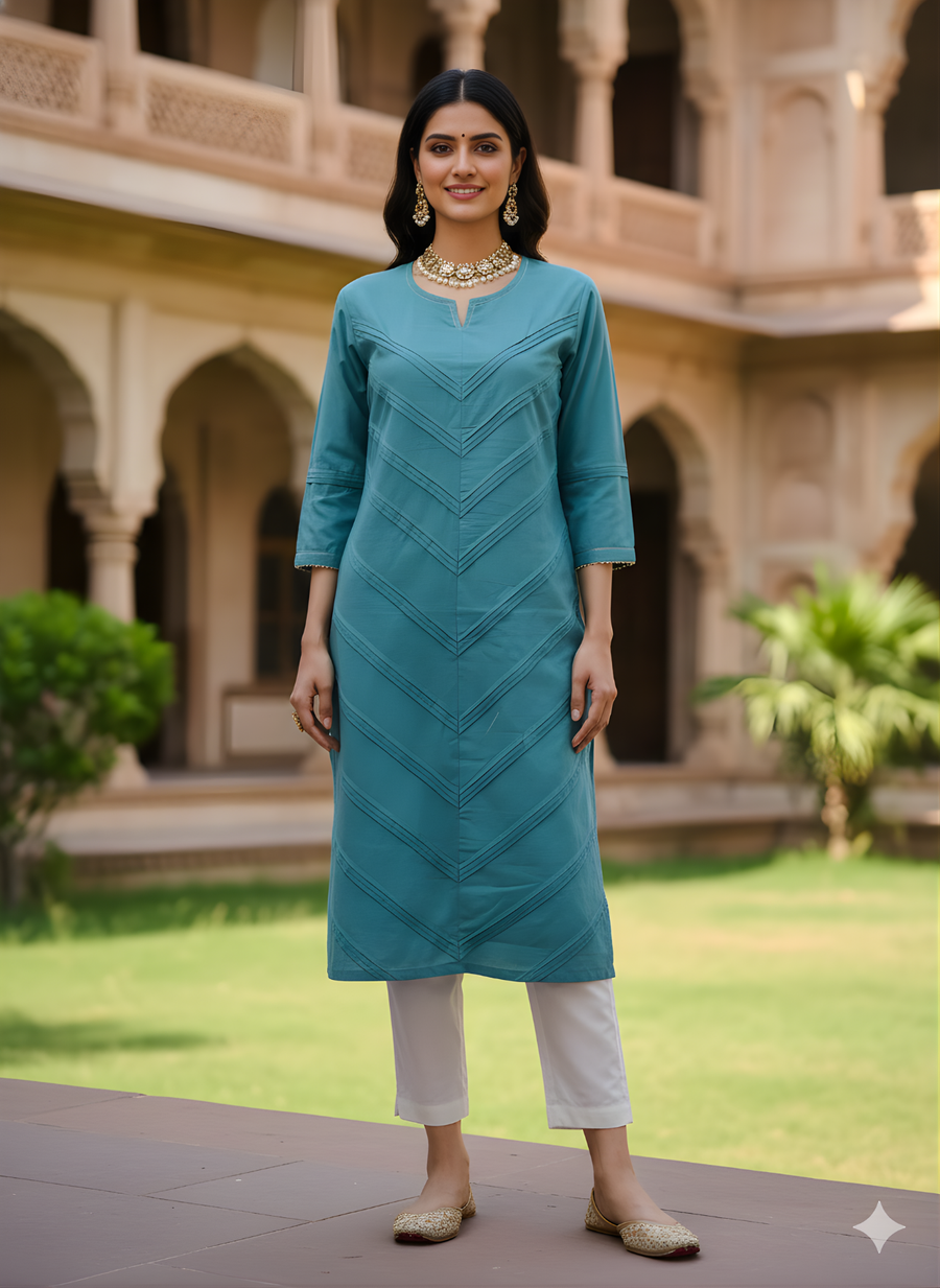 Aaronee Blue Pure Cotton Embroidered Long Straight Kurti
