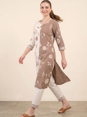Aaronee Premium Cotton Beige Floral Kurta Set for Women