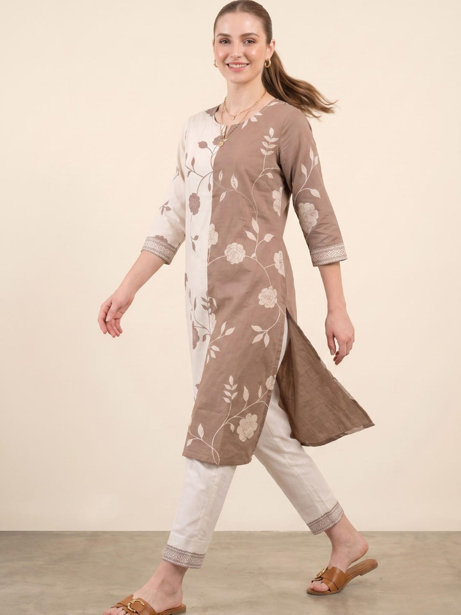 Aaronee Premium Cotton Beige Floral Kurta Set for Women