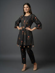 Aaronee Black Floral Striped Pure Cotton Kurta Pant Set for Women