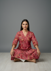 Aaronee Red Cotton Kurta with V-Neck Design