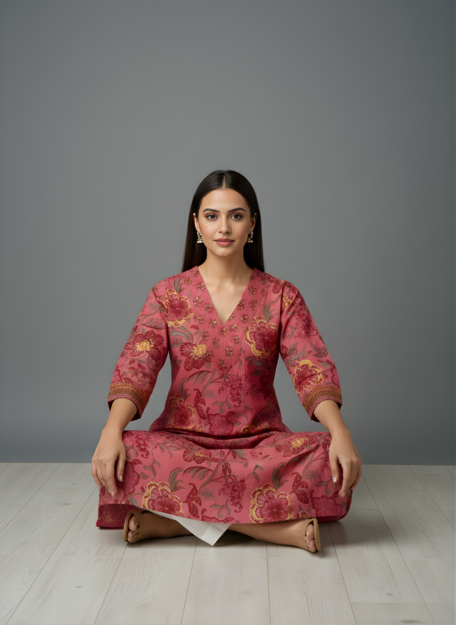 Aaronee Red Cotton Kurta with V-Neck Design