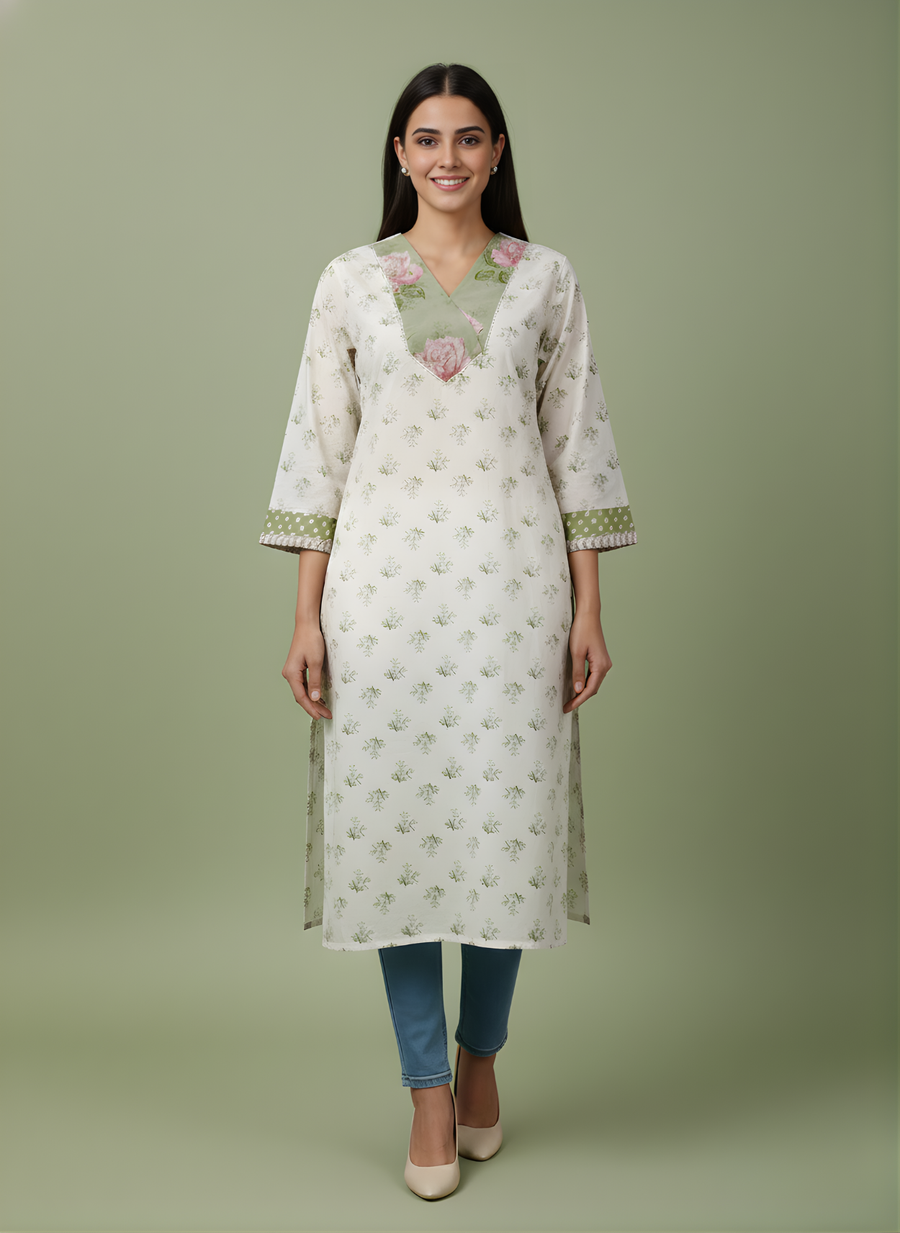 Aaronee Cotton Cream Floral Straight Kurta for Women
