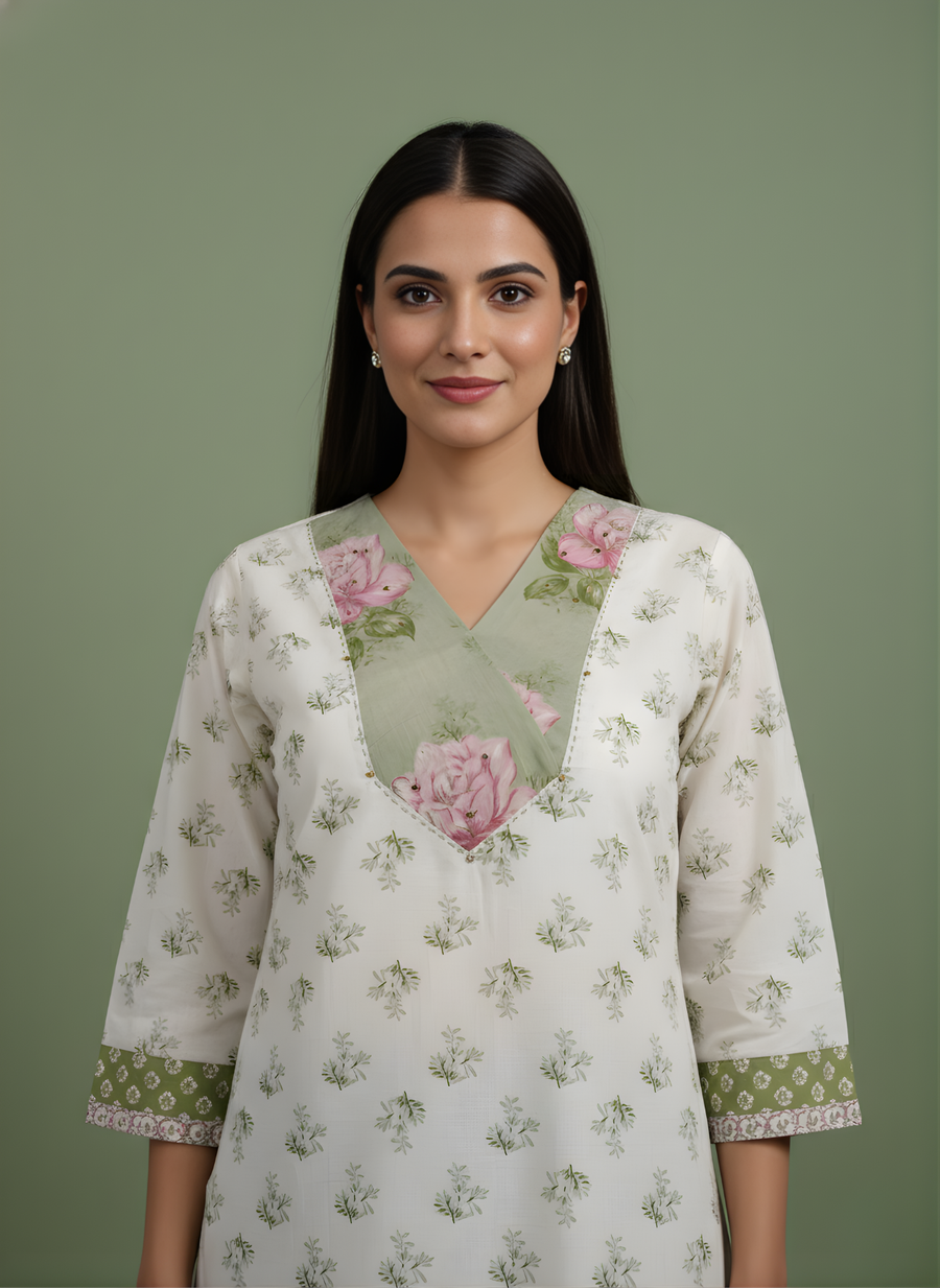 Aaronee Cotton Cream Floral Straight Kurta for Women