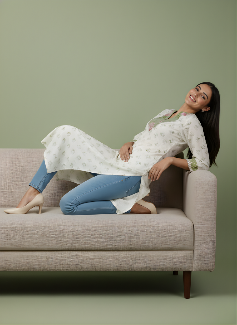 Aaronee Cotton Cream Floral Straight Kurta for Women