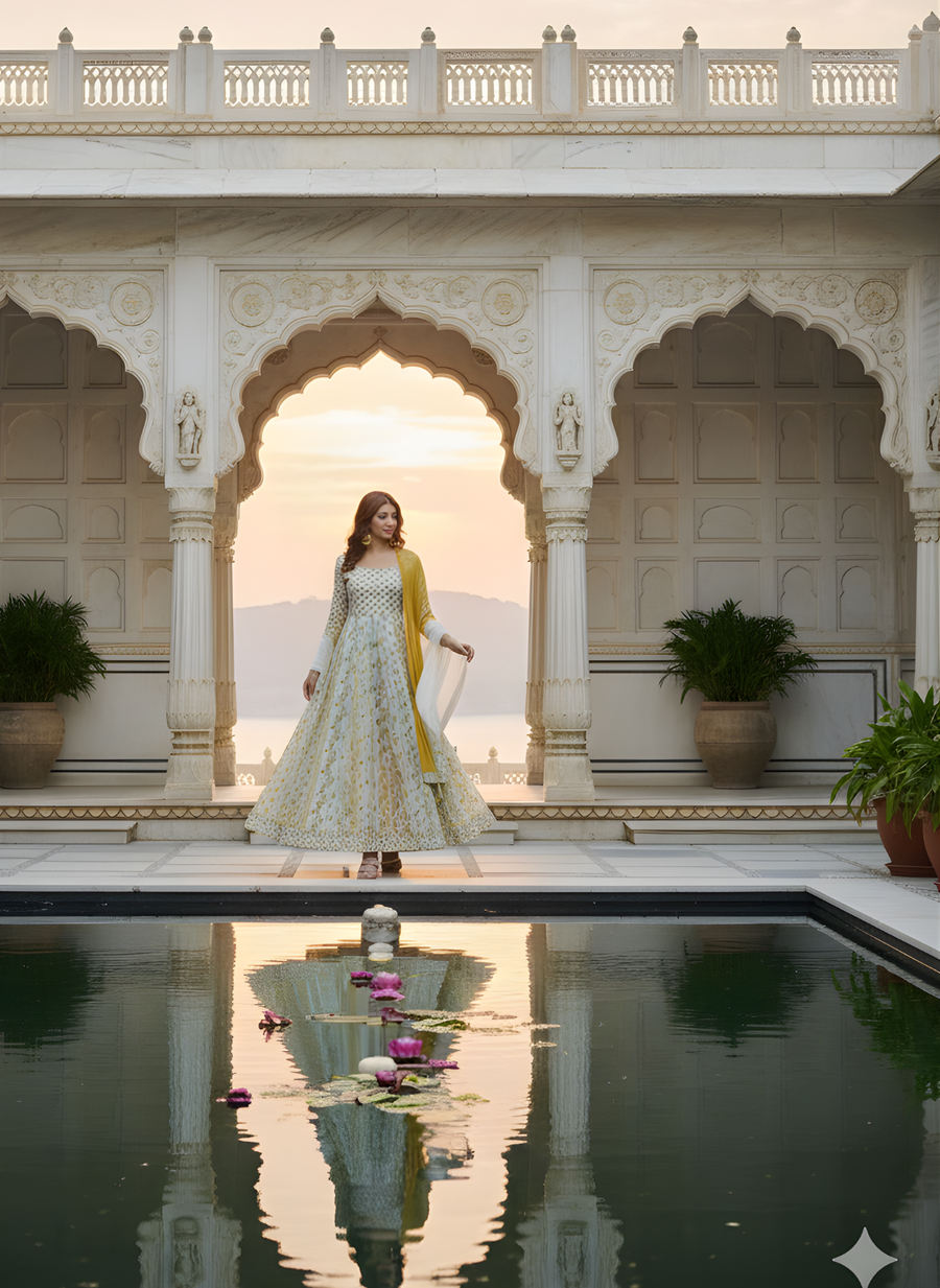 Yellow Floral Long Dress for Women with Dupatta