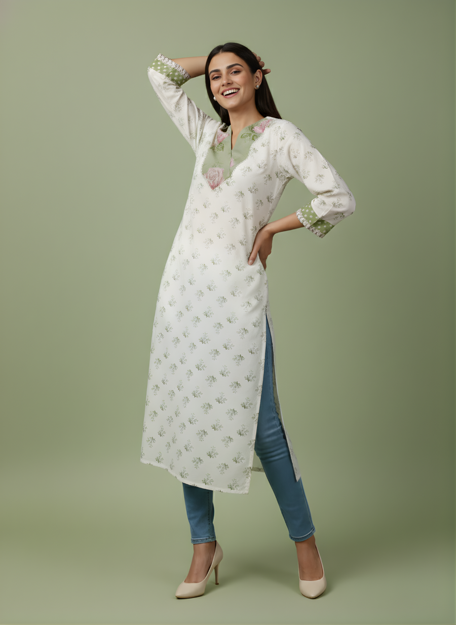 Aaronee Cotton Cream Floral Straight Kurta for Women