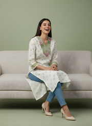 Aaronee Cotton Cream Floral Straight Kurta for Women
