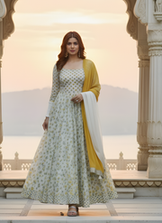 Yellow Floral Long Dress for Women with Dupatta