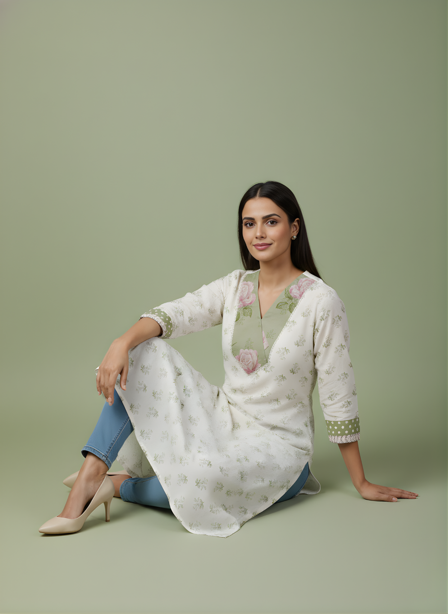 Aaronee Cotton Cream Floral Straight Kurta for Women