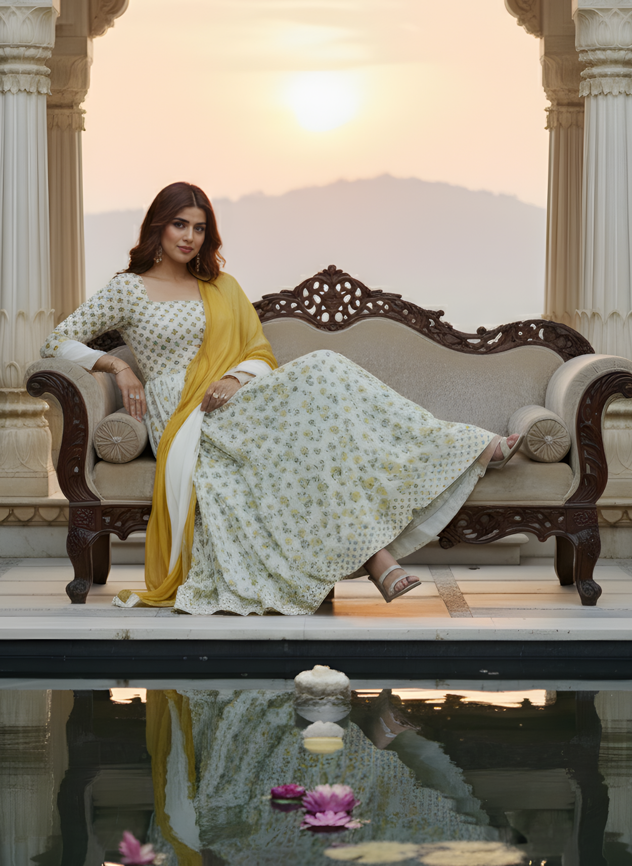 Yellow Floral Long Dress for Women with Dupatta