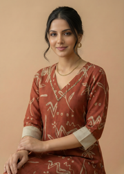 Rust Abstract Print Cotton Kurti Set with Pants – Contemporary Women Ethnic Wear by Aaronee