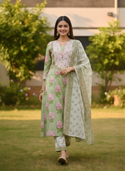 Pastel Green Floral Print Pure Cotton Kurta Set with Dupatta – Elegant Ethnic Wear by Aaronee