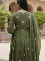 Olive Green Pure Cotton Kurta Dupatta Set with Yoke Embroidery – Elegant Ethnic Wear for Women