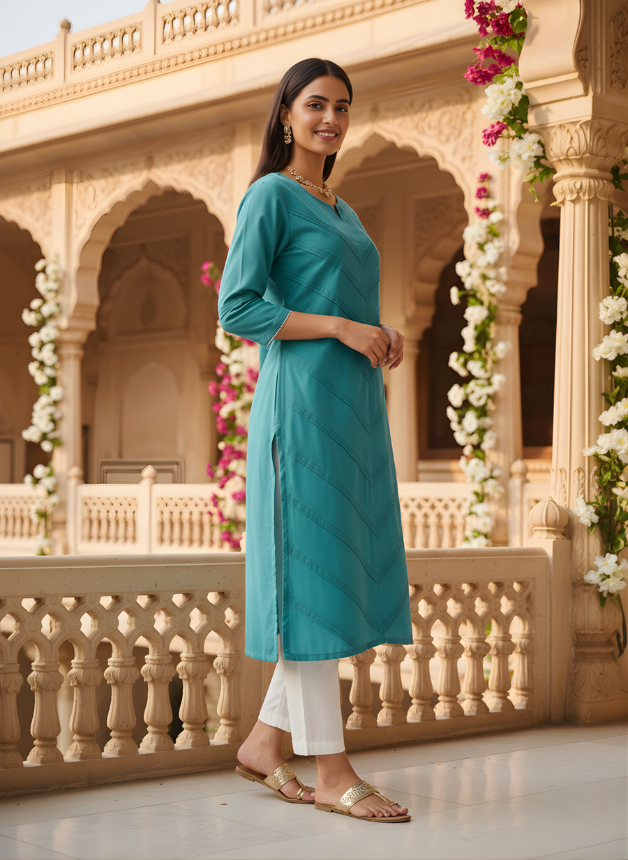 Aaronee Blue Pure Cotton Embroidered Long Straight Kurti for Women | Elegant Office & Festive Wear