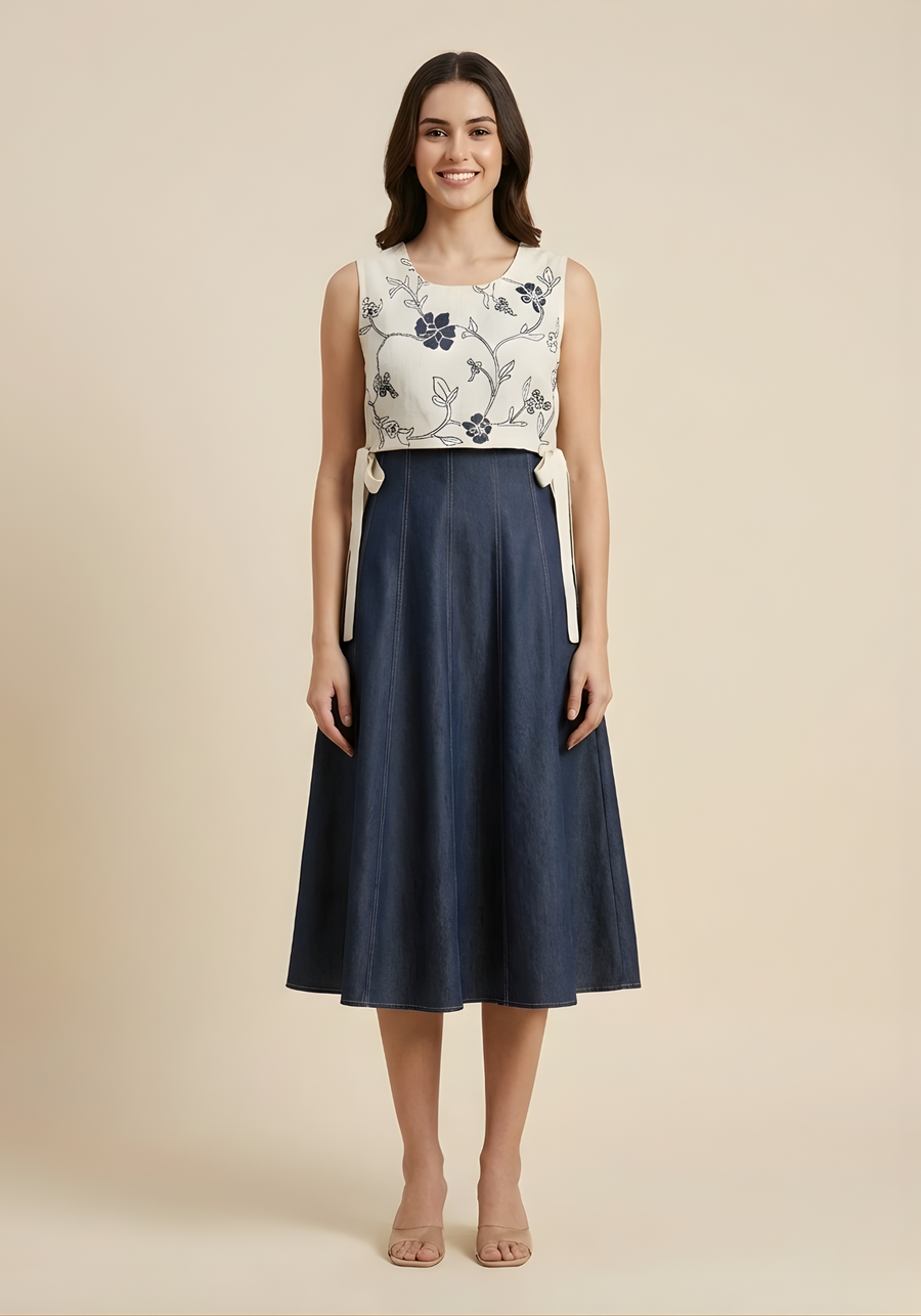 Aaronee denim midi dress with cotton printed top