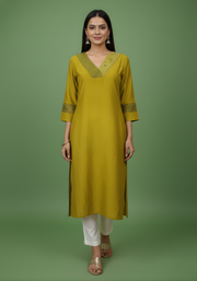 Mustard Mul Chanderi Kurti with Embroidered Yoke for Women | Elegant Ethnic Wear – Aaronee