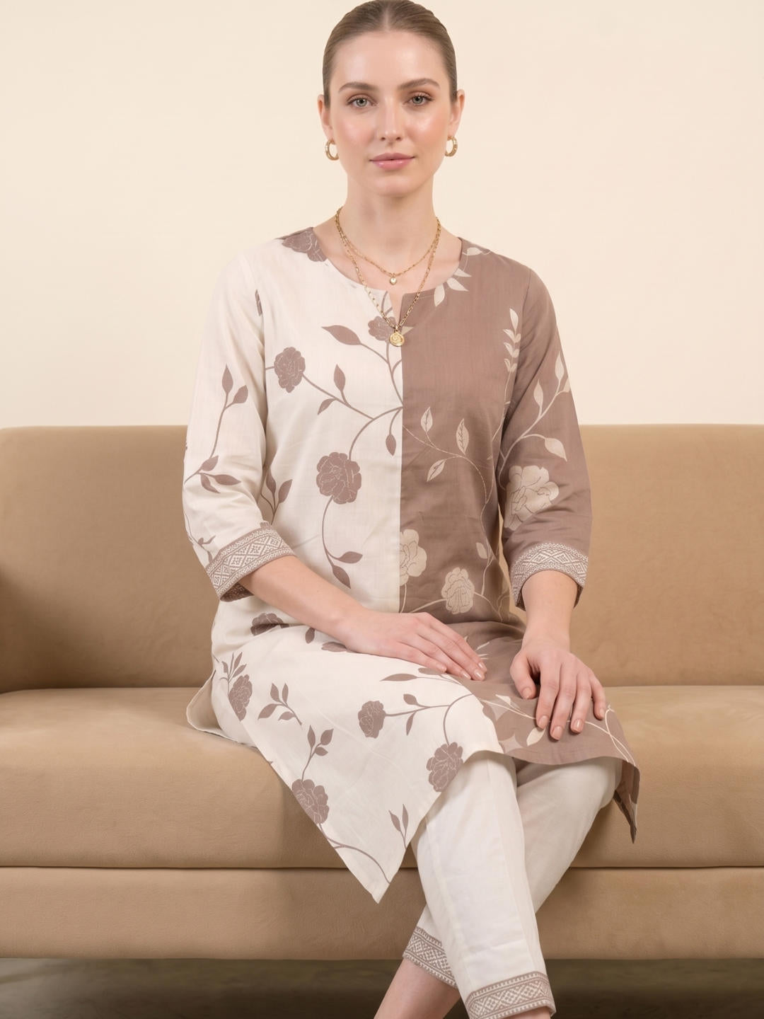 Women's Dual Tone Cotton Printed Kurta Set