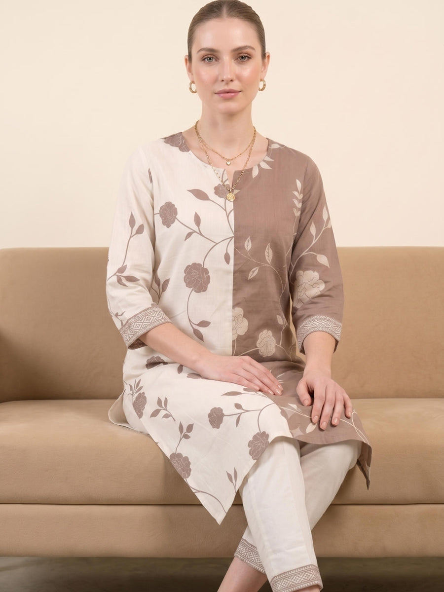 Women's Dual Tone Cotton Printed Kurta Set