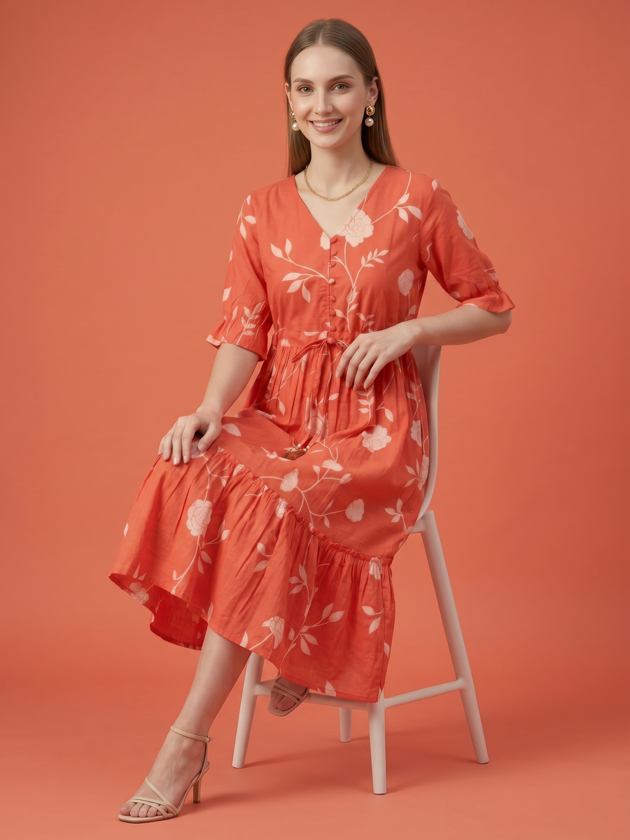 Elegant cotton summer midi dress with tie-up waist