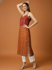 Aaronee Rust Brown Printed Pure Mul Cotton Kurti with Lining