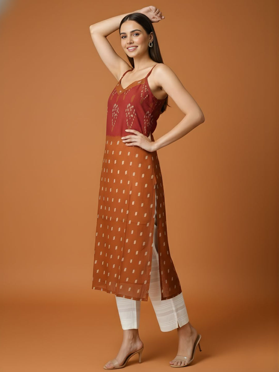 Aaronee Rust Brown Printed Pure Mul Cotton Kurti with Lining