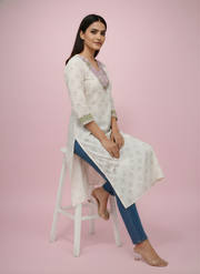 Aaronee Cream Cotton Kurta with V-Neck Floral Panel