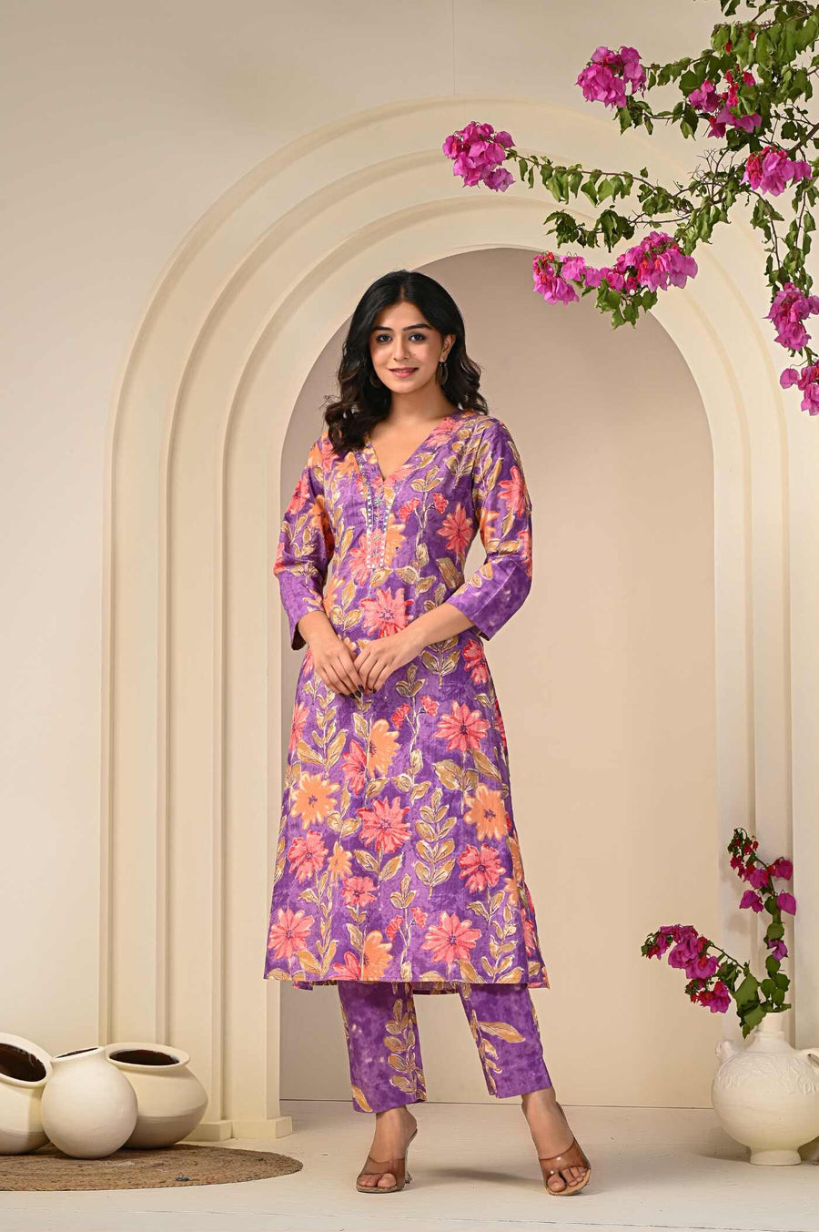 Purple Petal Kurta Set with Pant for Women