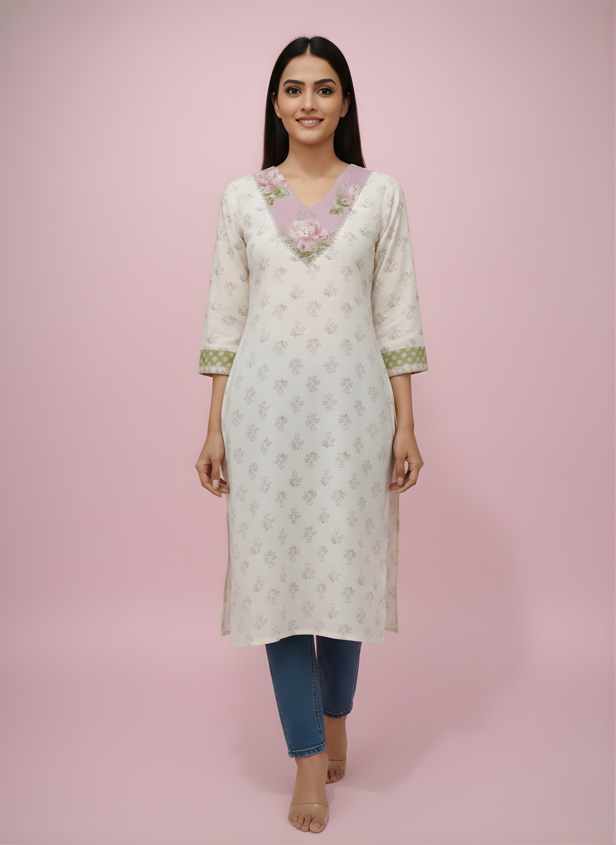 Cream Floral Straight Kurta for Women by Aaronee