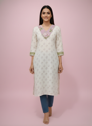 Cream Floral Straight Kurta for Women by Aaronee