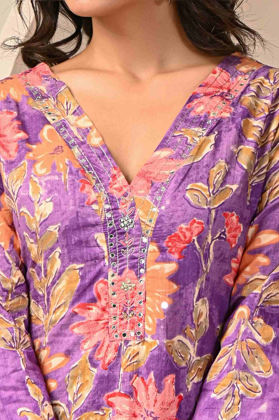 Purple Petal Kurta Set with Pant for Women