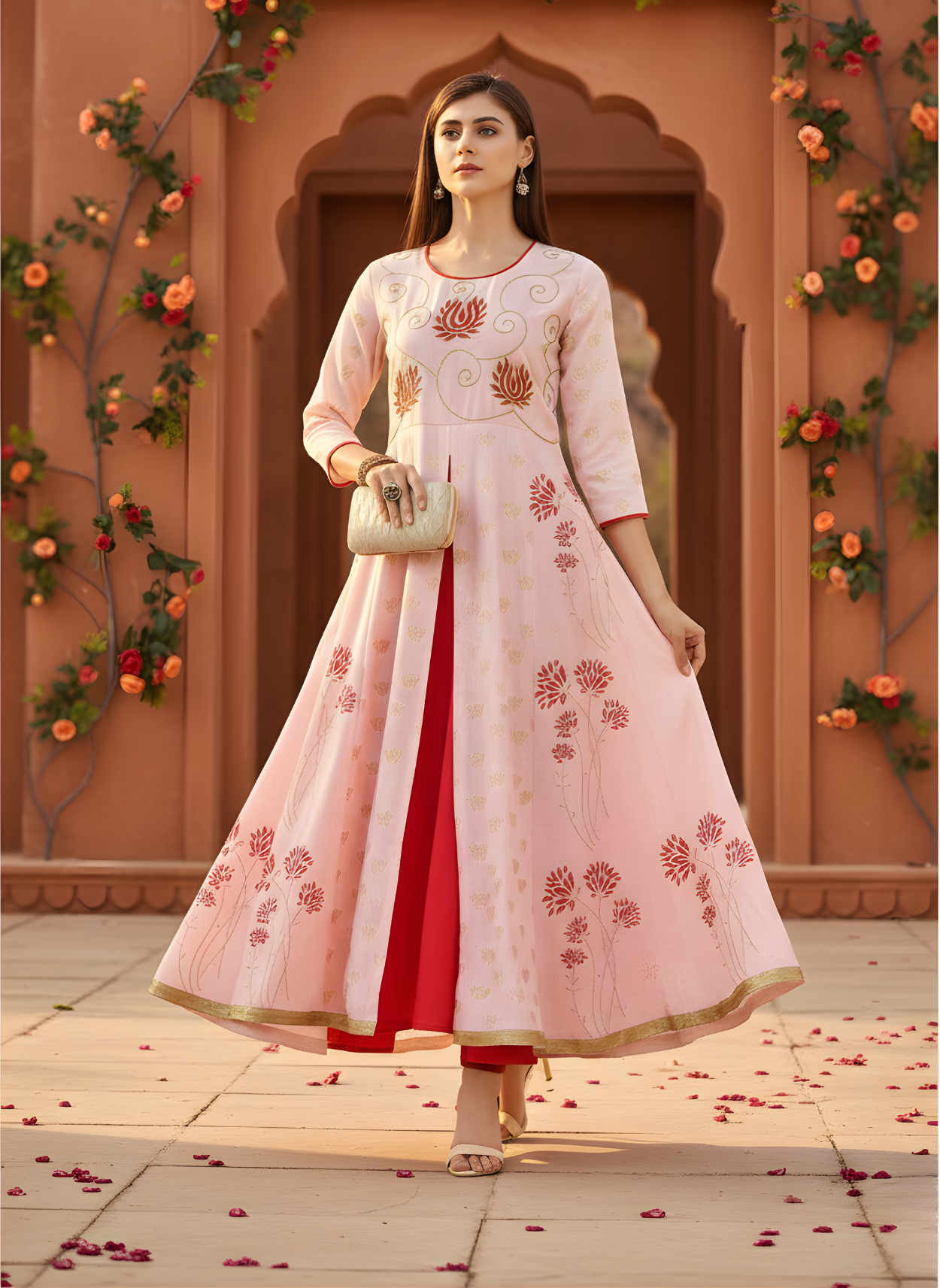 Pink floral printed pure cotton long kurta dress by Aaronee