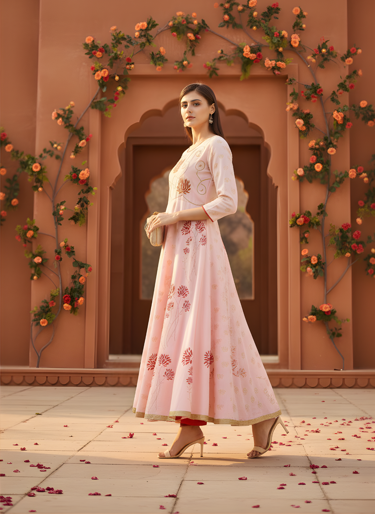 Elegant pink cotton ethnic dress for women