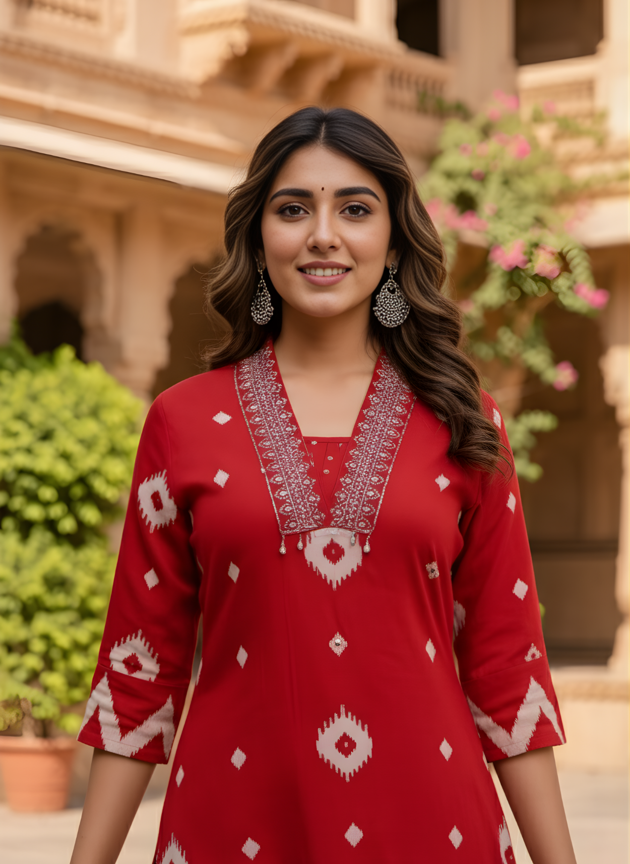 Aaronee Red Ikat Cotton Kurta Pant Set